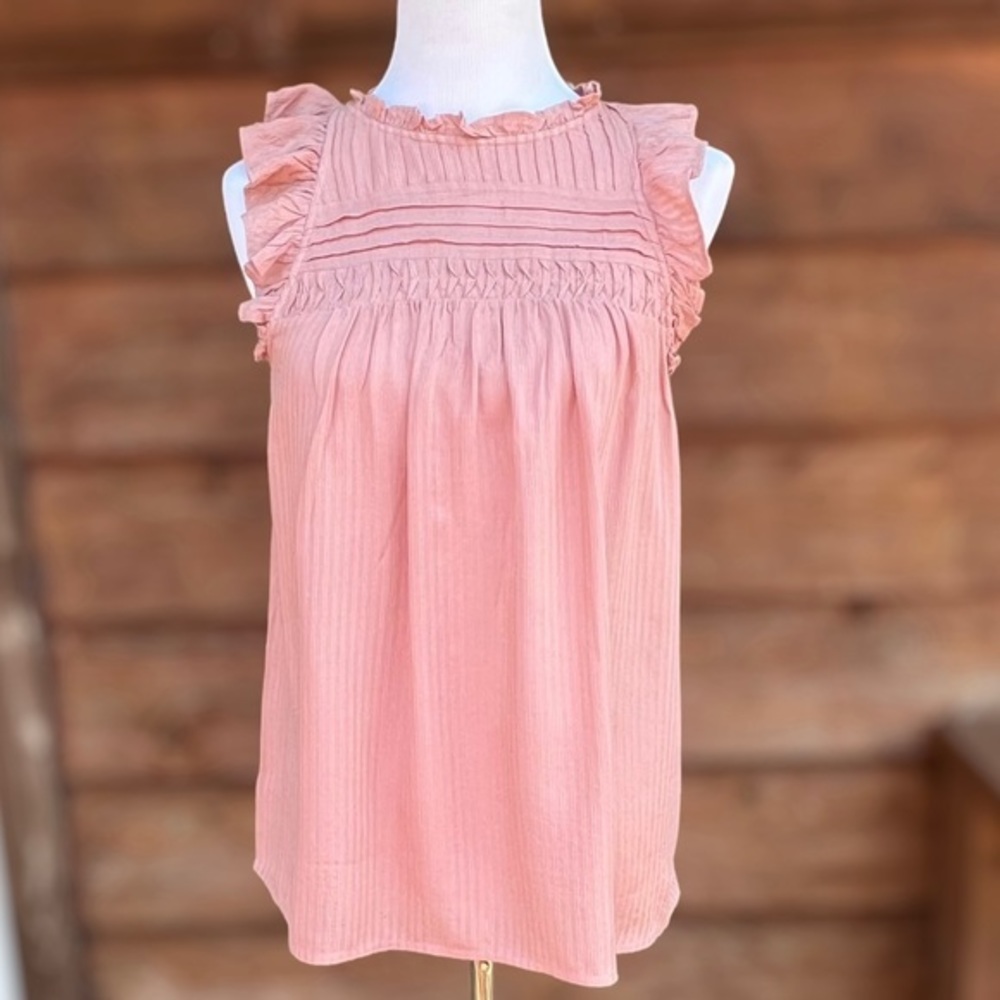 LOFT Sleeveless Pintucked Ruffle Shell Blouse Barbie